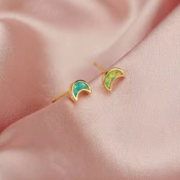 Opal Moon Stud Earrings Gold Sterling Silver Dainty October Birthstone Jewelry - Picture 6 of 12